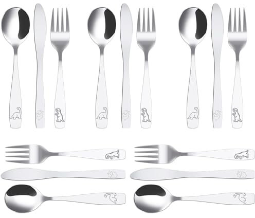 15Pcs Couverts Enfant INOX 5 x Fourchette 5 x Cuillère 5 x Couteau Dentelé Sûr Couverts Enfant INOX Jungle Dinosaure Gravé Couvert Bebe INOX pour Enfant Maison Restaurant École Garderie