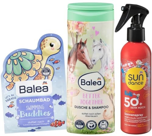 Balea x Sundance 3er-Set Kinder-Hautpflege: BETTER TOGETHER 2in1 Duschgel & Shampoo milde Reinigung (300 ml) + Schaumbad SWIMMING BUDDIES (40 ml) + SONNENSPRAY KIDS Sensitiv LSF 50+ (200 ml), 540 ml