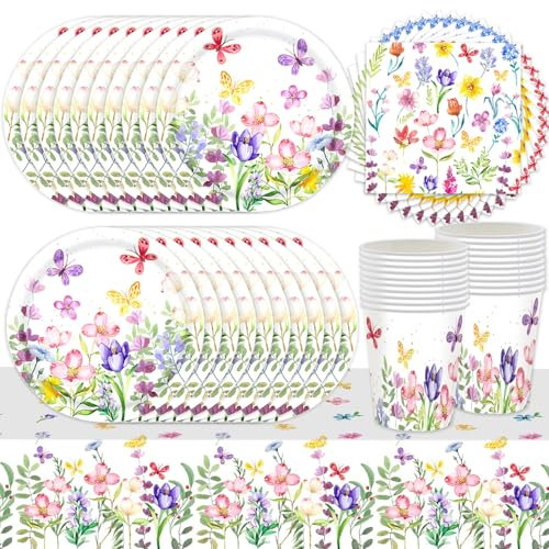 61Pcs Spring Summer Theme Party Tableware Set, Wildflowers, Flowers, Floral Butterflies Decorations, Flower Party Supplies, Includes Tablecloths Plates Paper Cups Napkins (20 Guests)