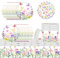 61Pcs Spring Summer Theme Party Tableware Set, Wildflowers, Flowers, Floral Butterflies Decorations, Flower Party Supplies, Includes Tablecloths Plates Paper Cups Napkins (20 Guests)