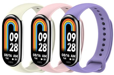 MoKo 3 Stück Armband Kompatibel mit Xiaomi Mi Band 9/Mi Band 8, Weiches TPU Ersatzarmband Uhrenarmband Sportarmband, Lavendel/Elfenbein/Rosa