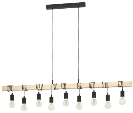 EGLO Pendellampe Townshend, 9 flammige Vintage Pendelleuchte im Industrial Design, Retro Hängelampe aus Stahl und Holz, Farbe Schwarz, braun, FSC Zertifiziert, Fassung E27
