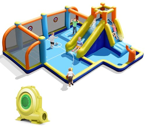 LIFEZEAL Aufblasbare Burg für Kinder 3-10 Jahre, Wasserpark Spielcenter mit Gebläse, Rutsche, Pool, Kletterwand, Stadion, Wasserkanone, für drinnen, draußen, Max 150 kg