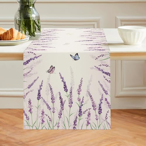 Bonhause Tischläufer Lavendel Tischläufer Lila Blumen Grüne Blätter Küche Esstisch Dekoration für Drinnen Draußen Urlaub Party Waschbar Wohnkultur Tafeltuch (33 x 183 cm)