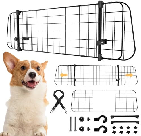 Herrselsam Hundegitter Auto, Autoschutzgitter Verstellbare Breite,trenngitter Kofferraum Hund,Schutzgitter für Hunde mit Sicherheitsgurt,hundenetz Auto,autogitter