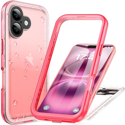 Cozycase Coque Rose pour iPhone 16 Femme Étanche 360 Degrés - Antichoc Militaire Complète Coque Très Résistante Bumper Indestructible Double Face 16 Case avec Cordon Protection Ecran