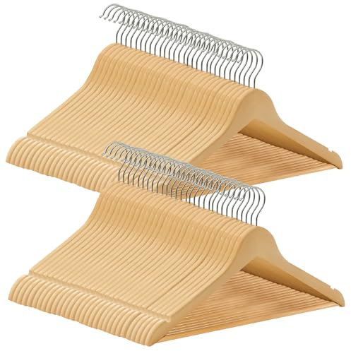 ABHENG Kleiderbügel Holz 60 Stück, Holzbügel mit Rutschfester Hosensteg und 360° drehbarer Haken, Einkerbungen im Schulterbereich, Hergestellt aus Naturholz, 44,5X 23 cm,Naturfarben+Silbern,AWY0360N