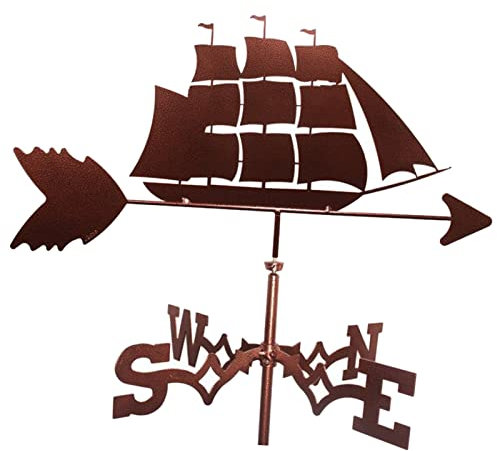 Windfahne mit dekorativer Segelschiff-Wetterfahne, Schwarze Gartenhalterung, Wetterfahne aus Edelstahl, Bauernhof-Retro-Szene, Windrichtungsanzeiger