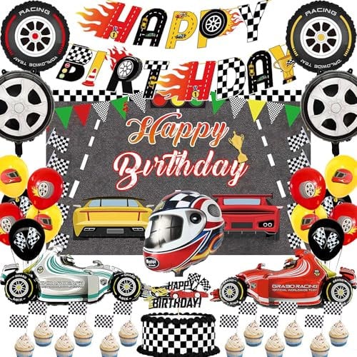 Race Car Birthday Party Decorations - 32Pcs Racing Car Happy Birthday Bunting Banner Checkered Cake Topper Motorcycle Foil Balloons for Kid Boy Let's Go Racing Themed Party Supplies