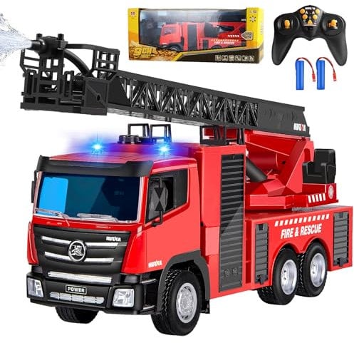 Joellfuner Camion Pompier Enfant, Voiture Pompiers Telecommandé, Grand Voiture de Pompier avec Echelle de 83 cm, Construction Véhicule Enfant avec Pulvérisation d'eau (9 canaux activé)