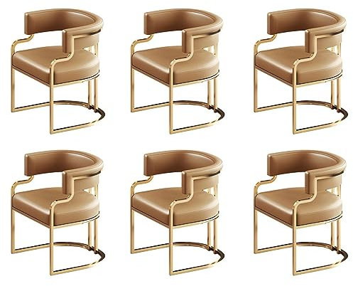 Sillas de comedor tapizadas modernas con diseño de respaldo bajo y patas de latón, juego de 6 sillas marrones para cocina, comedor o tienda de té con leche
