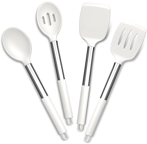 Joyfair Kitchen Utensils Set, 4 Pack Silicone Cooking Utensil Set, Non Stick Stainless Steel Spatula Turner Spoon Ideal for Cooking Mixing Serving Stirring, Heat Resistant & Dishwasher Safe, White