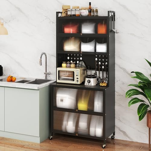TANGZON 5/6 Tier Kitchen Cabinet, Rolling Kitchen Baker's Rack with Translucent Flip Doors, Pegboard, Hooks & Wheels, Microwave Stand Pantry Cupboard Unit (Black, 6 Tier, 80x40x181cm)