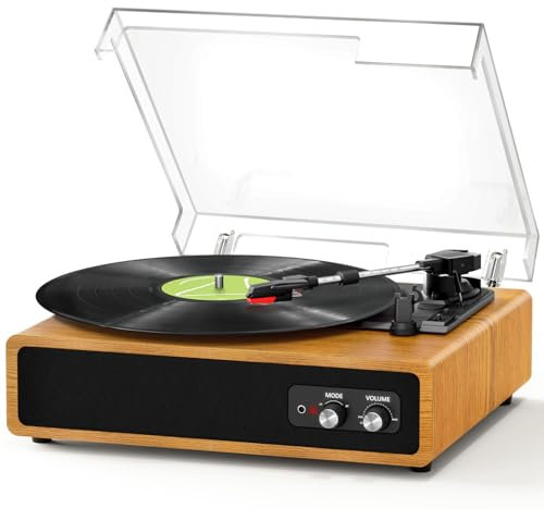 FYDEE Tocadiscos de Vinilo Bluetooth Portátil con 2 Altavoces Estéreo Integrado, 3 Velocidades (33/45/78 RPM), Transmisión y Recepción Bluetooth, Reproductor Retro con Soporte RCA y AUX - Marrón Roble