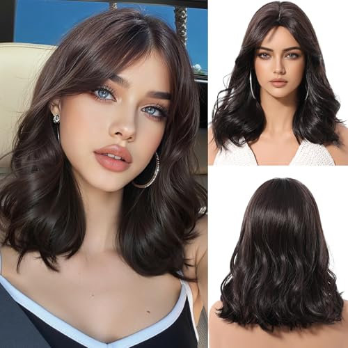 OUFEI Dunkelbraune Bob Perücke Damen Kurze Lockige Perücke mit Vorhang Pony Natürliche Synthetische Haare Hitzebeständige Perücken für Tägliche Party Cosplay Wear