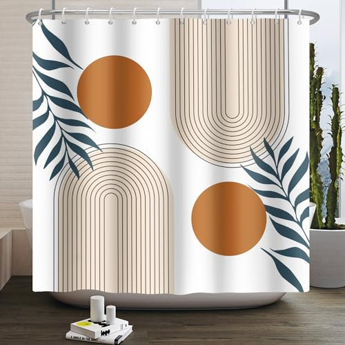 Kzzfqxb 183x183cm Rideaux de Douche Boho avec Crochets, Arc Beige soleils Cercles Laisse l'art Moderne imperméable pour Le Bain, décor esthétique de Baignoire de Salle en Tissu Polyester