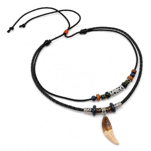 Healved Collier Homme Cordon Noir Dent Loup Vintage Style Bohème Réglable | Pendentif Tribal en Résine et Métal, Bijou Original Unisexe pour Homme Femme, Accessoire Plage, Surfeur et Look Décontracté