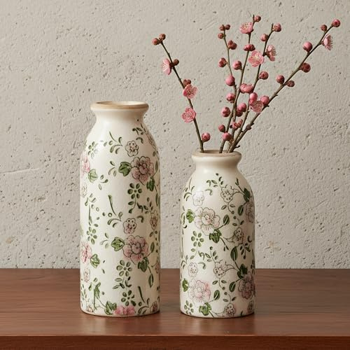 Ronasip Keramikvase, 2er-Set, Vintage-Blumenvasen, Chinoiserie-Vasen, handbemalt, rustikale Dekoration, eisrissige Glasur, antike Wohnkultur (Blüten)