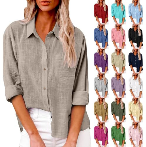 Womens Tops Long Sleeve Casual Button Down Cotton Linen Shirts Solid Color Summer Tshirts V Neck Roll Up Collared Loose Oversized Tees Lightweight Dressy Blouses Office Work Ladies Tunic Tops Khaki