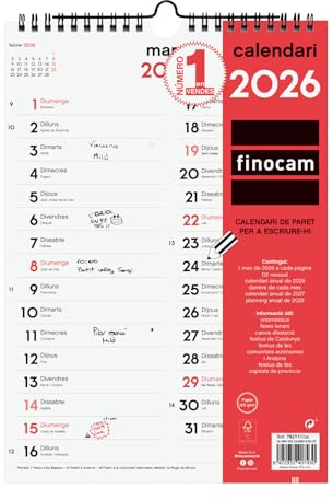 Finocam Wandkalender 2026 zum Schreiben mit zwei Spalten, Monatsansicht, Januaransicht, Dezember (12 Monate), Kalender 2026 zum Notizen, neutraler katalanischer Monatsplaner