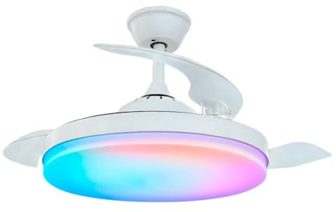 Bilake Ventilador de techo retráctil moderno Tahití blanco RGB | Lampara ventilador techo con mando, luz regulable RGB y Temporizador