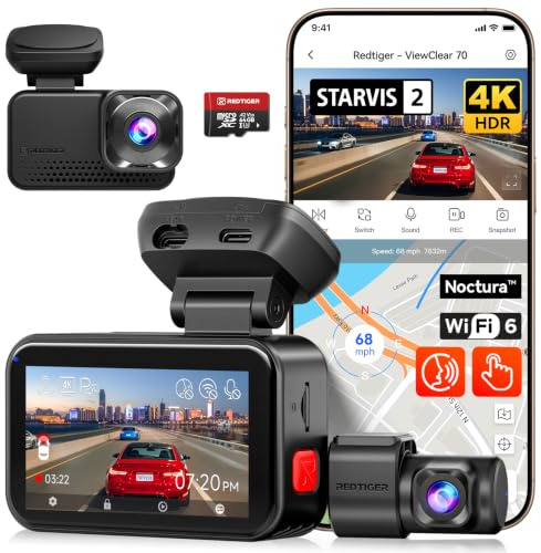 REDTIGER VC70 4K+2,5K Dashcam Auto Vorne Hinten, STARVIS 2, 5,8 GHz WiFi | 128 GB Speicherkarte, Wondrix™ HDR-Nachtsichttechnologie, Sprachsteuerung, Touchscreen, Ausgestattet, GPS, Parküberwachung