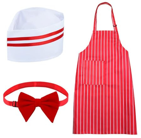 Kit de 3 piezas de disfraz de camarero de los años 50, delantal a rayas rojas y blancas, sombrero de chef, corbatín, carnaval, cosplay, fiesta