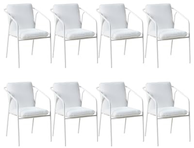 Beliani Set of 8 Garden Chairs with Cushions Powder Coated Finish Stackable Aluminium Metal White Asciano