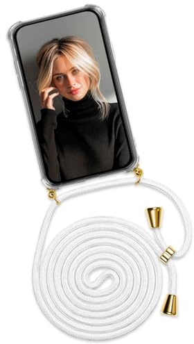 ONEFLOW Handykette für iPhone 16e Hülle mit Band, Handyhülle mit Kette abnehmbar, Handyband zum Umhängen, Handy Umhängeband Lange Handykordel, Twist Case – Weiß Gold
