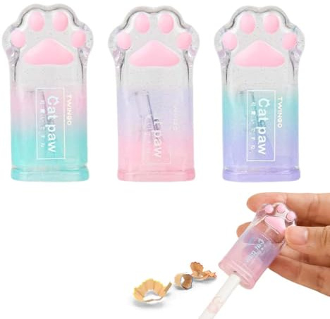 LAKJUOZ Anspitzer Set Mit Behälter - 3 Stück In 3 Farben, Für Dicke Und Dünne Stifte, Mit Einzelloch-Design Und Deckel, Ideal Für Kinder Und Schule/Büro(Katzenpfote)