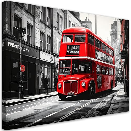 Feeby Wandbild - Wohnzimmer Modern Deko - London Stadt roter Bus - 60x40 1tlg - Bilder Leinwand - Bild auf Leinwand Schlafzimmer - Leinwandbilder für die Wand - Canvas Painting - Fotokunst