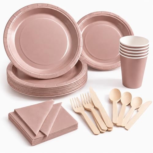 140 Rose Gold Plates Cups Napkins & Cutlery, Party Tableware for 20 Guests | Disposable Party Tableware with Paper Plates, Cups, Napkins & Wooden Cutlery for 20 Guests, Birthday, Bridal Shower & Wedding