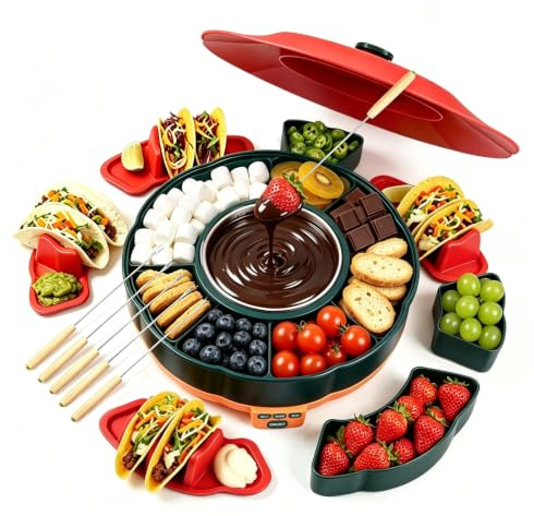 Schokofondue Elektrisch-Set 1000 ml mit 3 Temperaturniveaus 6 Fondue-Gabeln | Temperiergerät zum Schoko Schmelzen fondueset schokolade, für Party, Familie und Paare Geschenk Ideal für Schokoladenbrunnen