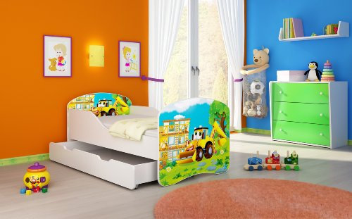 CLAMARO 'Traumland' Motiv Kinderbett 80 x 160 cm inkl. Matratze, Lattenrost und Bettkasten Schublade auf Rollen, Kantenschutzleisten und Rausfallschutz, Motiv: 20 - Bagger Motiv