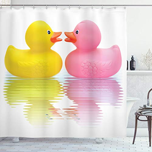 ABAKUHAUS Badeente Duschvorhang, Ente Paare in der Liebe, Stoffliches Gewebe Badezimmerdekorationsset mit Haken, 175 x 180 cm, Weiß Gelb Rosa