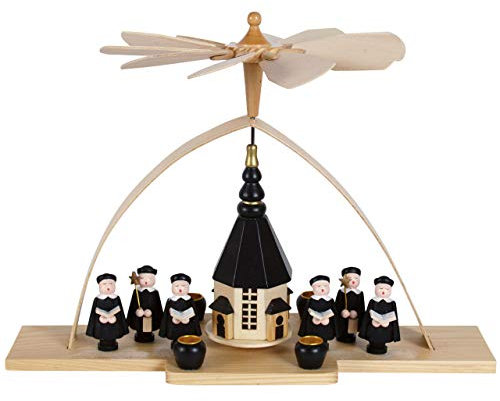OBC Weihnachtspyramide/Kirche und Kurrendesänger Natur-schwarz/Pyramide Weihnachten/im Kunsthandwerks-Stil, handgefertigt/Deko zu Weihnachten