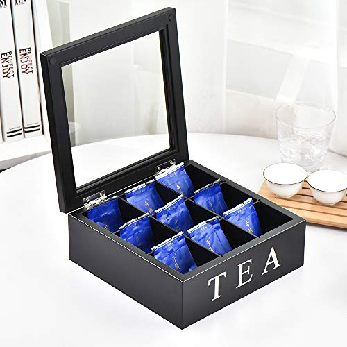 Fonture Classic Black Wooden Tea Storage Box - 9 Compartments, Glass Lid - Tea Organizer