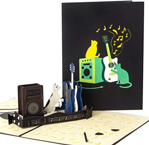 Ribbli Gitarre & Katze 3D-Handarbeit Pop-up-Karte für Geburtstag & Vatertag – Geburtstagskarte Katzenmotiv Karten für Männer, Frauen, Gitarrenliebhaber – Mit Umschlag