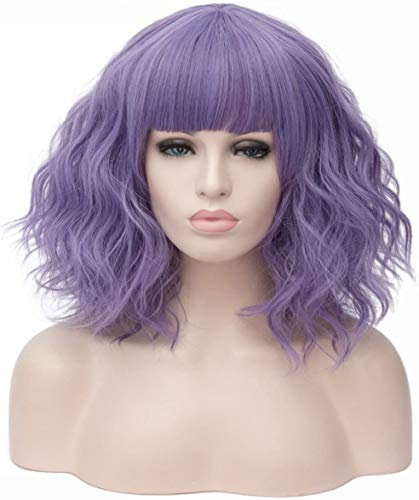 SYMALL Halloween Cosplay Peluca de Pelo Corto Rizado para Mujer Disfraz Peluca con Flequillo Bob Peluca Cabello Natural de 2 Tonos Colores, Morado Claro