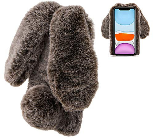 LCHDA Plüsch Hülle für iPhone 12 Mini 5,4 Flauschige Hasen Fell Künstliche Kaninchen Pelz Niedlich Hasenohren Mädchen Süße Handytasche Stoßfest Schützend TPU Silikonhülle - Braun