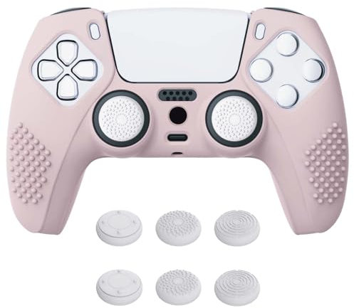 eXtremeRate PlayVital Hülle für ps5 Controller,Case Anti-Rutsche Schutzhülle Skin,6 Stück Stick Aufsätze für PS5 Controller(3D Noppen Edition,Rosa)
