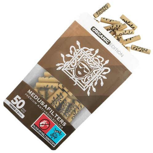 Medusafilters 50 Stück 6mm Ø Slim Premium Aktivkohlefilter mit veganen Fasercaps & Kokos Aktivkohle | Filter mit 25mm Länge made in Germany (ORGANIC EDITION)