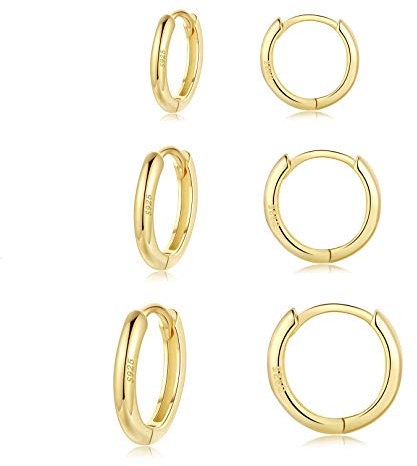 Damen Creolen Silber 925 Ohrringe Set- 3 Paar Hypoallergen Huggies Creolen Silber 925 Golden Klein Ohrringe Set Schlafen Knorpel Tragus Silber Schmuck für Damen Herren Geschenke 8/10/12mm