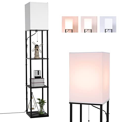 BBHome Modern Stehlampe mit Holzregal, 3 Farbtemperatur Dimmbar LED Hölzern Standlampe für das Wohnzimmer, Schlafzimmer, Büro und Andere Zimmer, 9W Glühbirne Enthalten (Schwarz)