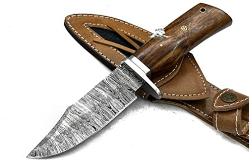 Maru Knives Coltello Artigianale in Acciaio Vero Damasco, Lama Fissa da Caccia - Coltello da Collezione