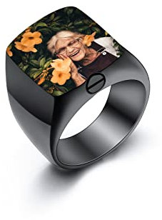 INBLUE Ringe Herren Asche Ring Edelstahl Siegelring mit Gravur Personalisierter Foto Text Eingraviert Silber Gold Ring Hunde Erinnerung Schmuck mit Trichter Werkzeug (Schwarzer, Farbfoto, Größe 67)