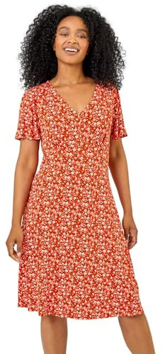 Roman Originals Women Petite Floral Print Stretch Jersey Dress - Ladies Spring Everyday Summer Holiday Vacation Work Casual Smart Comfy Soft Relaxed - Red - Size 14
