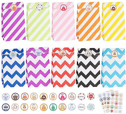 ABSOFINE 50 Stück Papiertüten, Bunte Gestreifte Geschenktüten Kindergeburtstage mit Aufkleber, zum Verpacken von Geschenken, Giveaways, Hochzeit, Party (18x9x6cm)