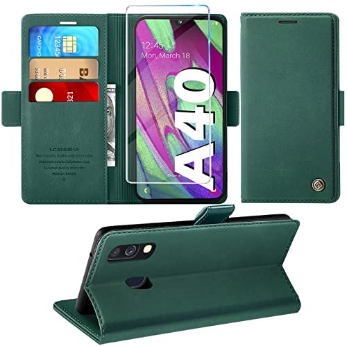 Handyhülle für Samsung Galaxy A40 Hülle mit Schutzfolie, Standfunktion Kartenfach Wallet Premium Leder Schutzhülle A40 Flip Case Cover Stoßfeste Klapphülle A40 5.9 Zoll (Grün)