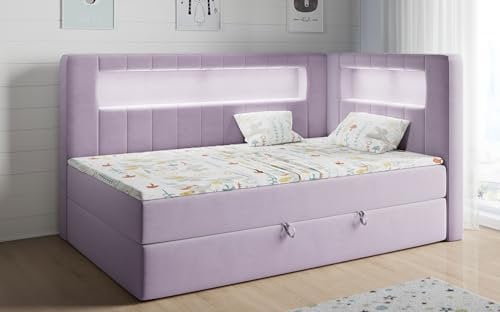 MKS MEBLE Kinderbett mit Led, Boxspringbett 90x200 mit Led, Einzelbett 90x200 mit Bettkasten und Topper, Kinderbett 90x200 mit Matratze und Stauraum - Gold 3 Junior - Violett - Rechts